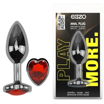 Анальная пробка EGZO Dark Silver Heart Plug с красным сердцем, металлическая, размер M