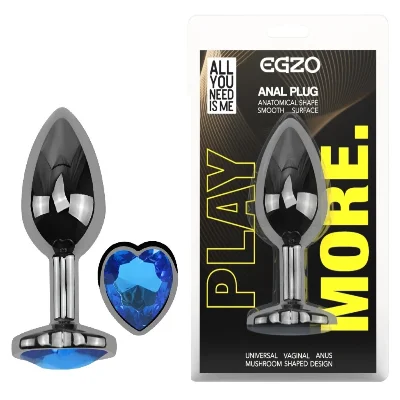 Анальная пробка EGZO Dark Silver Heart Plug S металлическая с синим кристаллом