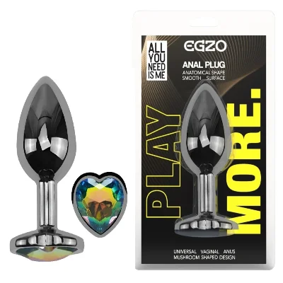 Анальная пробка EGZO Dark Silver Heart Plug S с радужным кристаллом и гладкой поверхностью