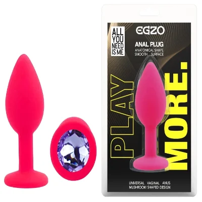 Анальная пробка EGZO Silicone Pink Round Plug S, розовая силиконовая с прозрачной гранёной вставкой