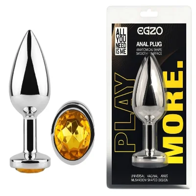 Анальная пробка EGZO Silver Round Plug M, нержавеющая сталь, желтый кристалл