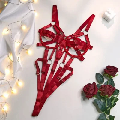 Эротический открытый боди с ремнями "Aisha", red M