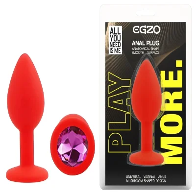 Анальный плаг силиконовый EGZO Red Round Plug S с кристаллом, красный