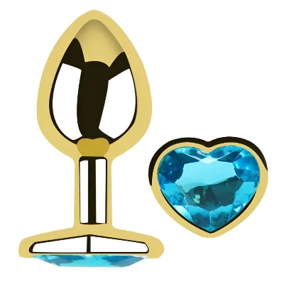 Анальная пробка Egzo Gold Heart Plug Aqua M с голубым кристаллом и широкой основой