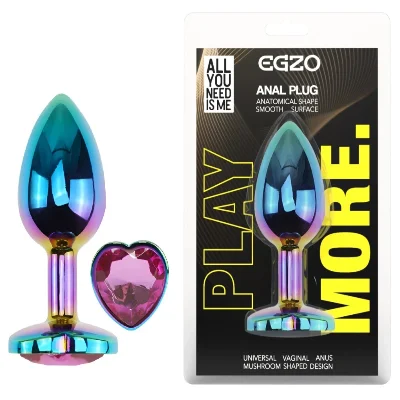 Анальная пробка EGZO Multicolor Heart Plug S с розовым кристаллом, металлическая, 70 мм