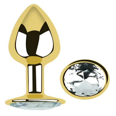 Анальная пробка EGZO Gold S с прозрачным кристаллом из медицинской стали для длительного ношения