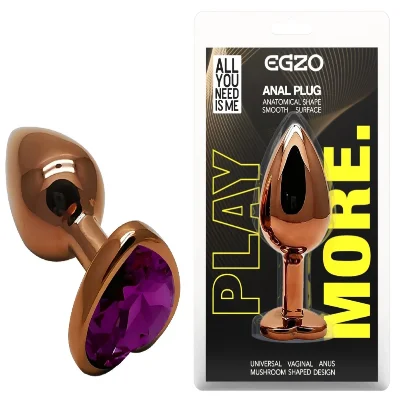 Анальная пробка EGZO Dark Gold Heart Plug Purple S, металлическая с фиолетовым кристаллом