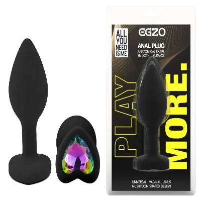 Анальная пробка силиконовая EGZO Black Heart Plug S с радужным кристаллом, черная