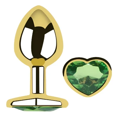 Анальная пробка Egzo Gold Heart Plug с зеленым кристаллом, золотая, размер M