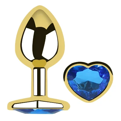 Анальная пробка EGZO Gold Heart Plug M с синим кристаллом и золотым основанием