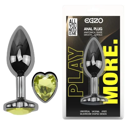 Анальная пробка EGZO Dark Silver Heart M анатомическая из медицинской стали с лаймовым кристаллом