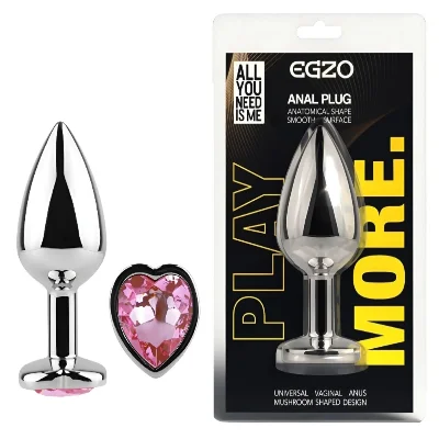 Анальный плаг EGZO Silver Heart Plug Pink S, металлический с розовым сердцем