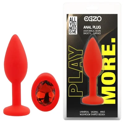 Анальная пробка EGZO Silicone Round Plug S, красная с зеленым кристаллом, медицинский силикон