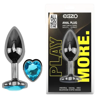 Анальная пробка EGZO Dark Silver Heart Plug Aqua S металлическая с кристаллом