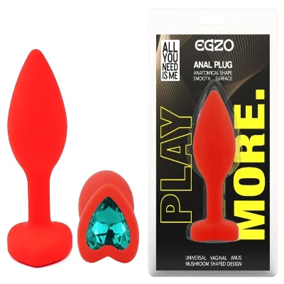 Анальная пробка EGZO Silicone Red Heart Plug S с фиолетовым кристаллом, красная