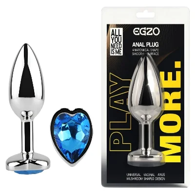 Анальная пробка EGZO Silver Heart Plug Blue M, анатомическая, с голубым кристаллом