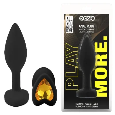 Анальная пробка EGZO Silicone Black Heart Plug S, черный силиконовый плаг с желтым сердцем