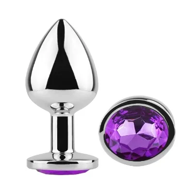Анальная пробка EGZO Silver Round Plug S из медицинской стали с фиолетовым кристаллом
