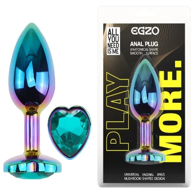 Анальная пробка EGZO Multicolor Heart Plug M с кристаллом, радужное покрытие