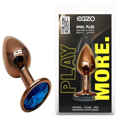 Анальная пробка EGZO с синим кристаллом, металлическая, гладкая, размер S, Dark Gold