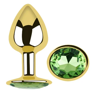 Анальная пробка EGZO Gold Round Plug S с зелёным кристаллом, металлическая для длительного ношения