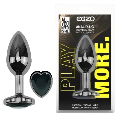 Анальная пробка EGZO Dark Silver Heart Plug S с кристаллом, металлическая, черная