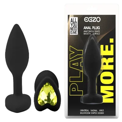Анальная пробка EGZO Silicone Heart Plug S, черный силикон, лаймовый кристалл в форме сердца