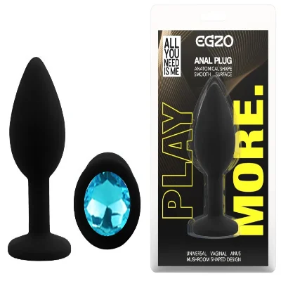 Анальная пробка EGZO Silicone Black Round Plug S с кристаллом, чёрная силиконовая