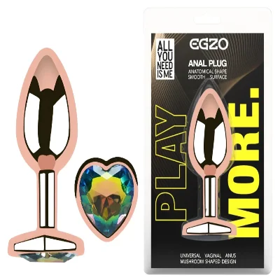 Анальная пробка EGZO Rose Gold Heart Plug M с радужным кристаллом из стали