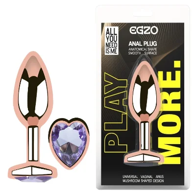 Анальная пробка EGZO Rose Gold Heart Plug Amethyst S с фиолетовым кристаллом