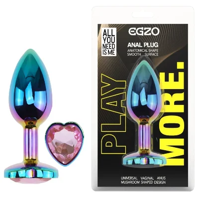 Анальная пробка EGZO Multicolor Heart Plug S с розовым кристаллом, радужный металл