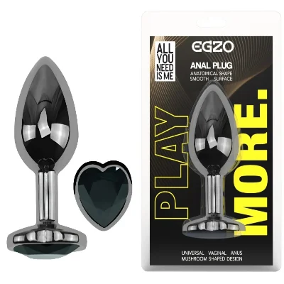 Анальная пробка EGZO Dark Silver Heart Plug черная стальная с кристаллом, размер M