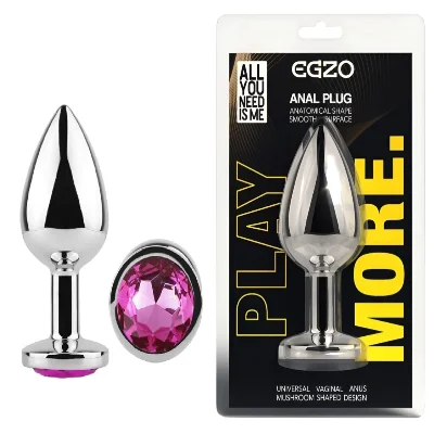 Анальная пробка EGZO Silver Round Plug S, круглая металлическая с розовым кристаллом