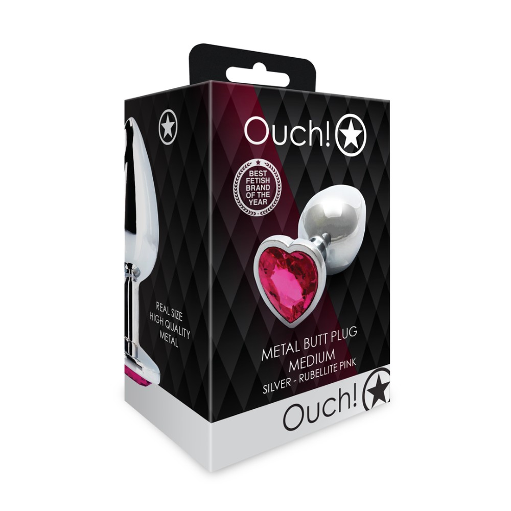 Анальна пробка - Ouch! Metal Butt Plug Medium Silver/Rubellite Pink - зображення 1