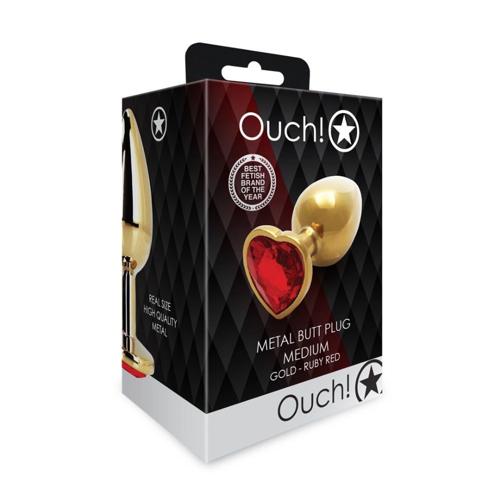 Анальна пробка - Ouch! Metal Butt Plug Medium Gold/Ruby Red - зображення 1