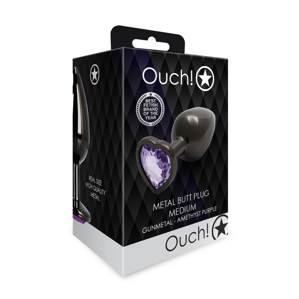 Анальна пробка - Ouch! Metal Butt Plug Medium Gunmetal/Amethyst Purple - зображення 1