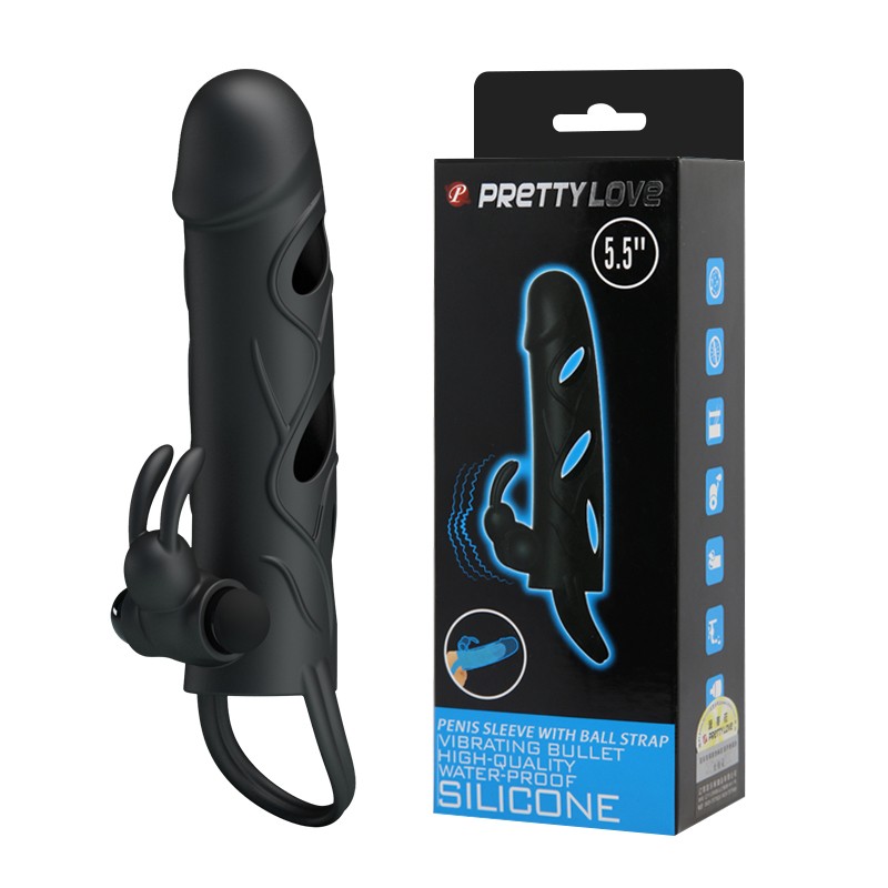 Насадка на член - Pretty Love Penis Sleeve With Ball Strap 5.5" Black - зображення 1