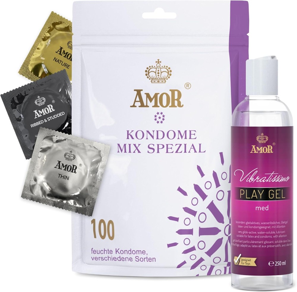 Презервативи та лубрикант - Amor Set Mix Condom, 100 шт. and Vibratissimo Play Gel Med, 250 мл - зображення 1