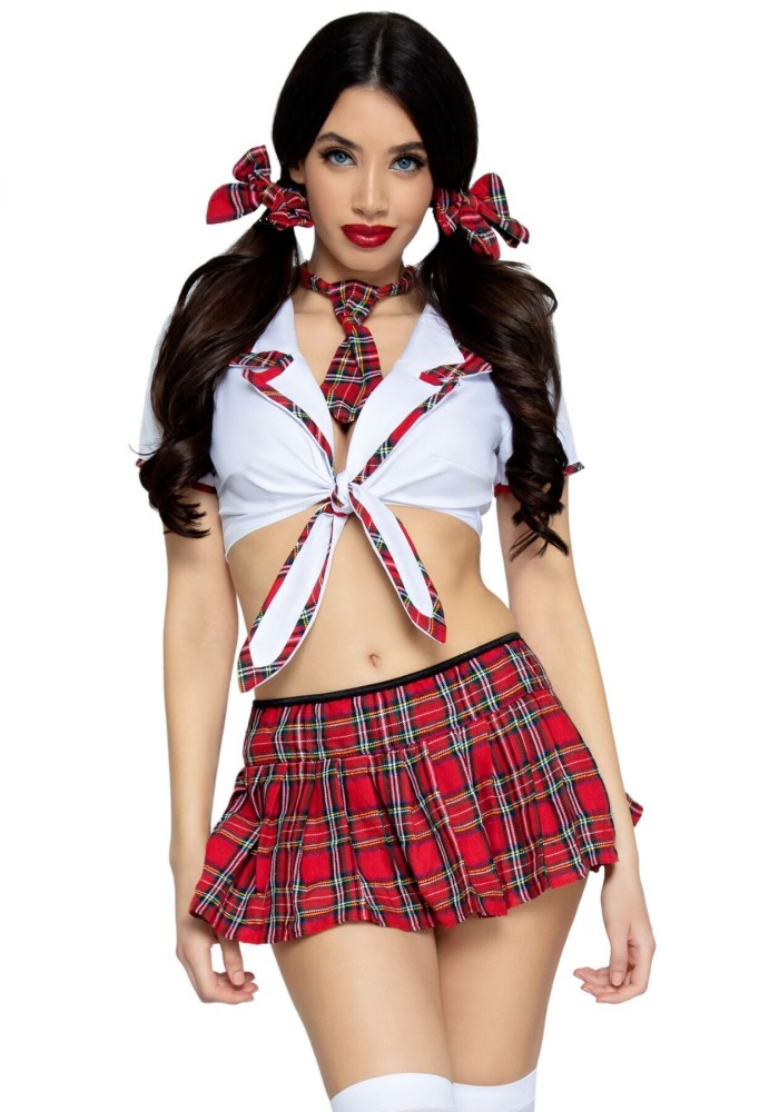 Костюм школярки Leg Avenue Miss Prep School XL, топ, спідниця, краватка, бантики - зображення 1