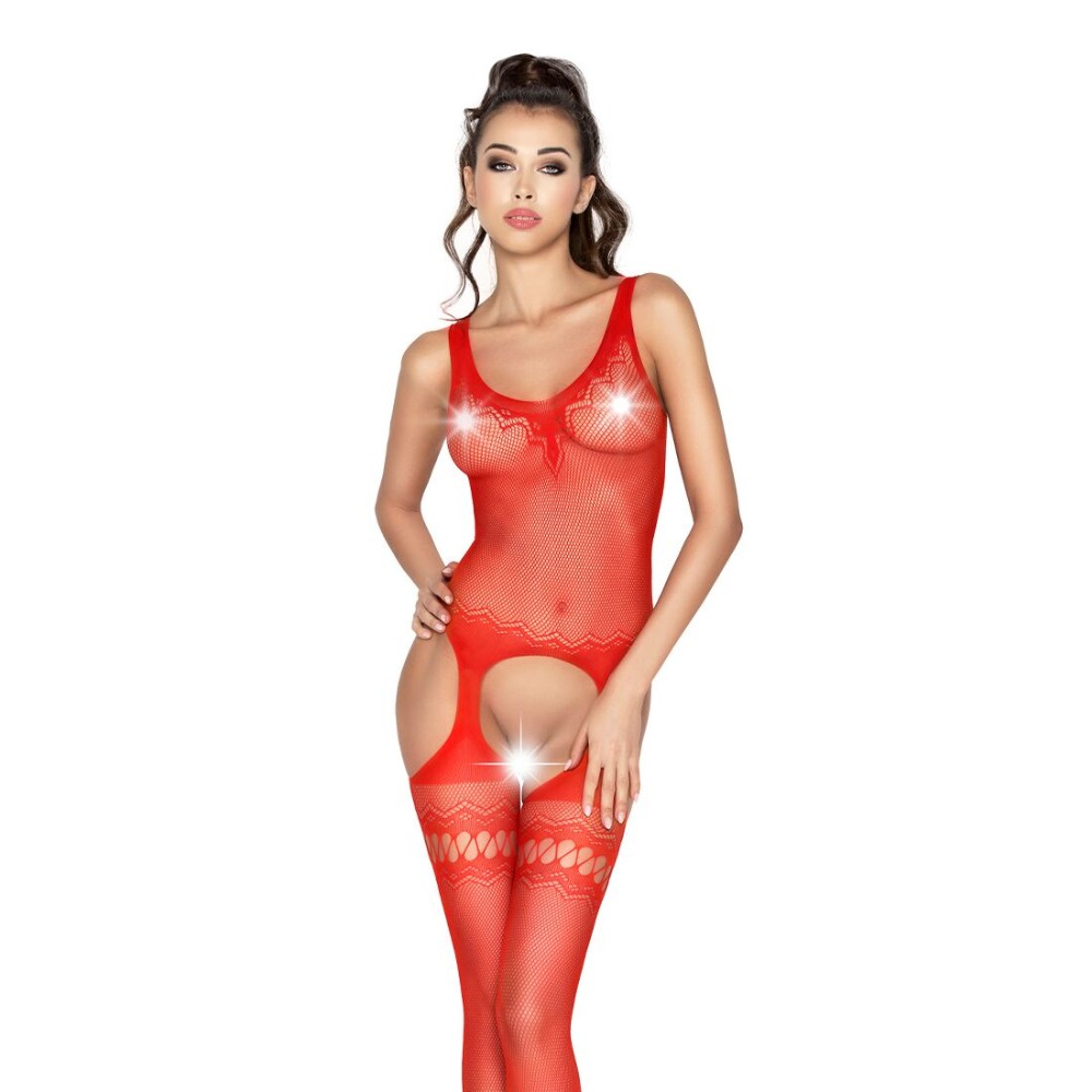 Бодістокінг Passion BS038 red, комбінезон, імітація панчіх і пояса - зображення 1