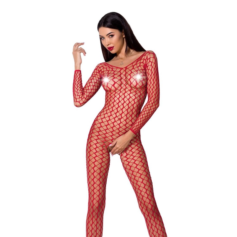 Бодістокінг Passion BS068 red, комбінезон, велика сітка, довгий рукав - зображення 1