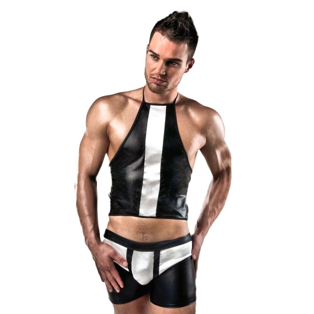Розпродаж!!! Комплект білизни Passion 018 SET S/M, чорні шортики і топік з білими елементами - зображення 1