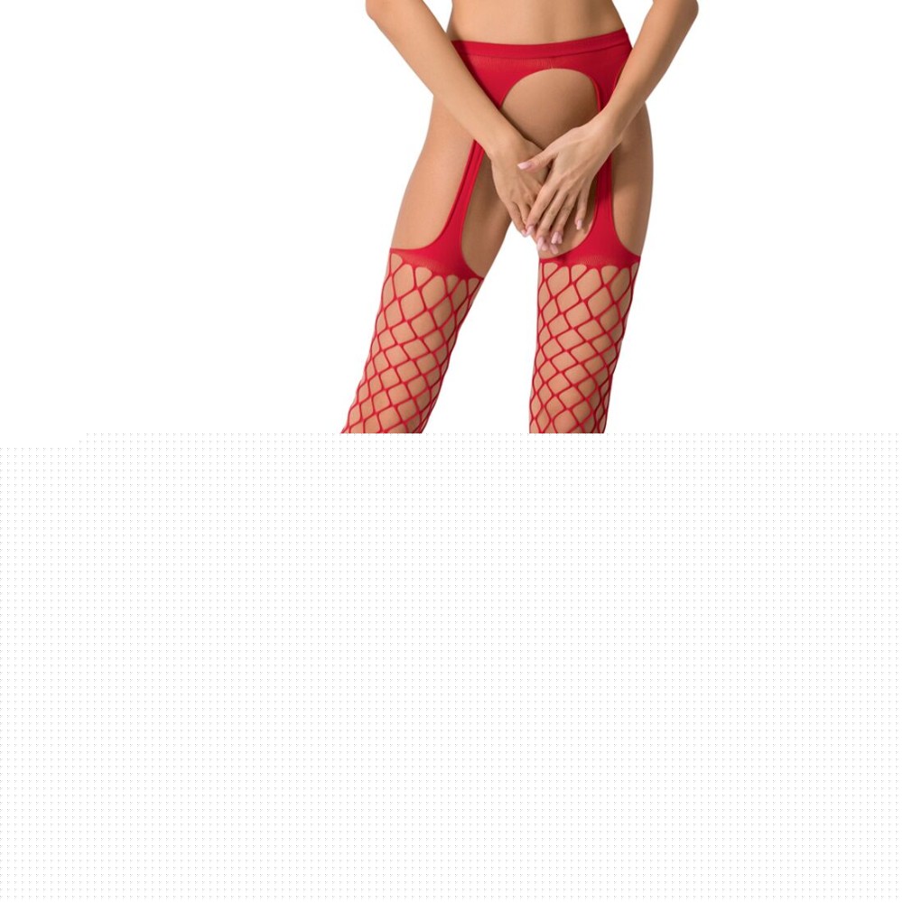 Сітчасті панчохи-стокінги Passion S011 One Size, Red, імітація гартерів, відкритий доступ - зображення 1
