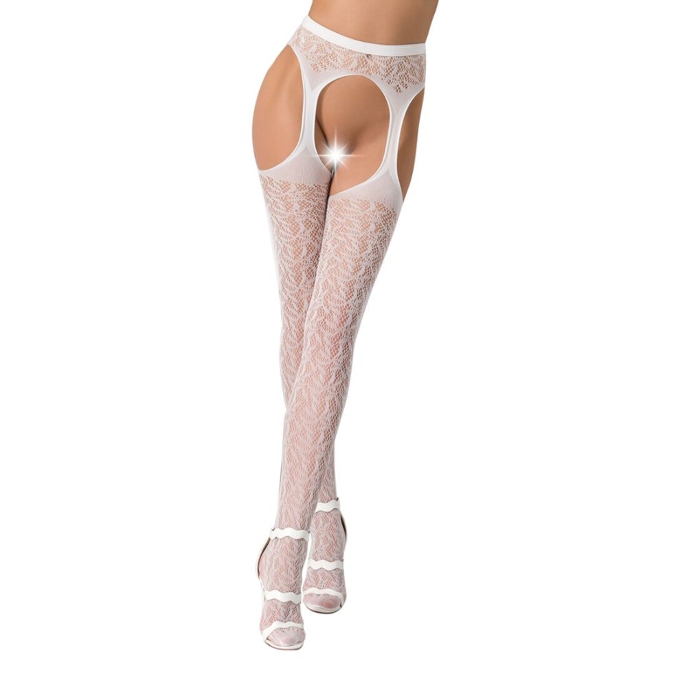 Мереживні колготки-бодістокінги Passion S014 One Size, White, імітація панчіх та пояса з гартерами - зображення 1