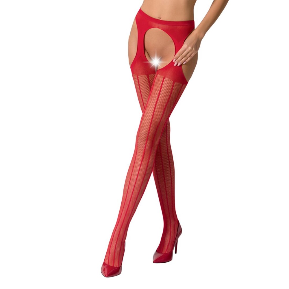 Сітчасті панчохи-стокінги Passion S018 One Size, Red, імітація пояса, сітка з вертикальними смужками - зображення 1