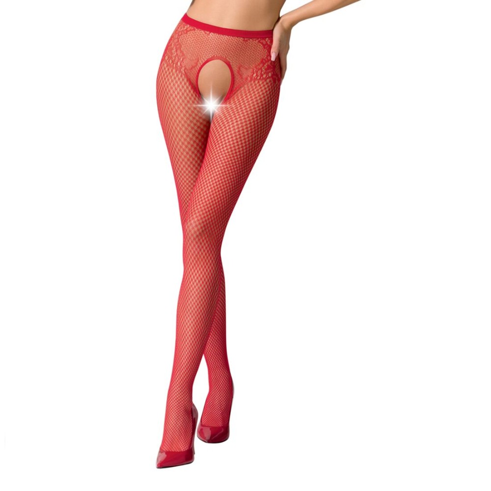 Сітчасті колготки-бодістокінги Passion S019 One Size, Red, імітація трусиків, відкритий доступ - зображення 1