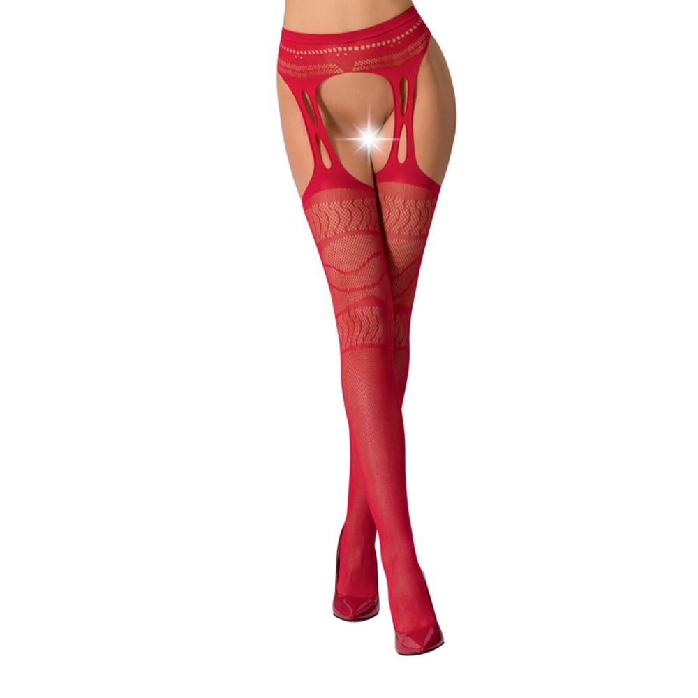 Сітчасті панчохи-стокінги Passion S020 One Size, Red, ажурний візерунок, імітація пояса з гартерами - зображення 1