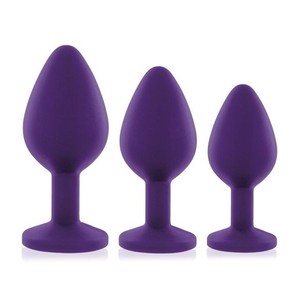 Набір силіконових анальних пробок із кристалом Rianne S: Booty Plug Set Purple, діаметр 3,2см, 3,5см, 4,2см - зображення 1