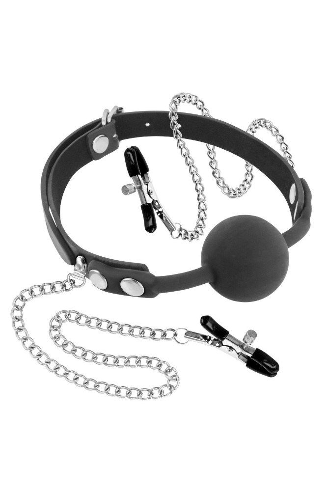 Кляп з силіконовою кулькою і затискачами для сосків Fetish Tentation Gag Ball with Nipple Clamps - зображення 1