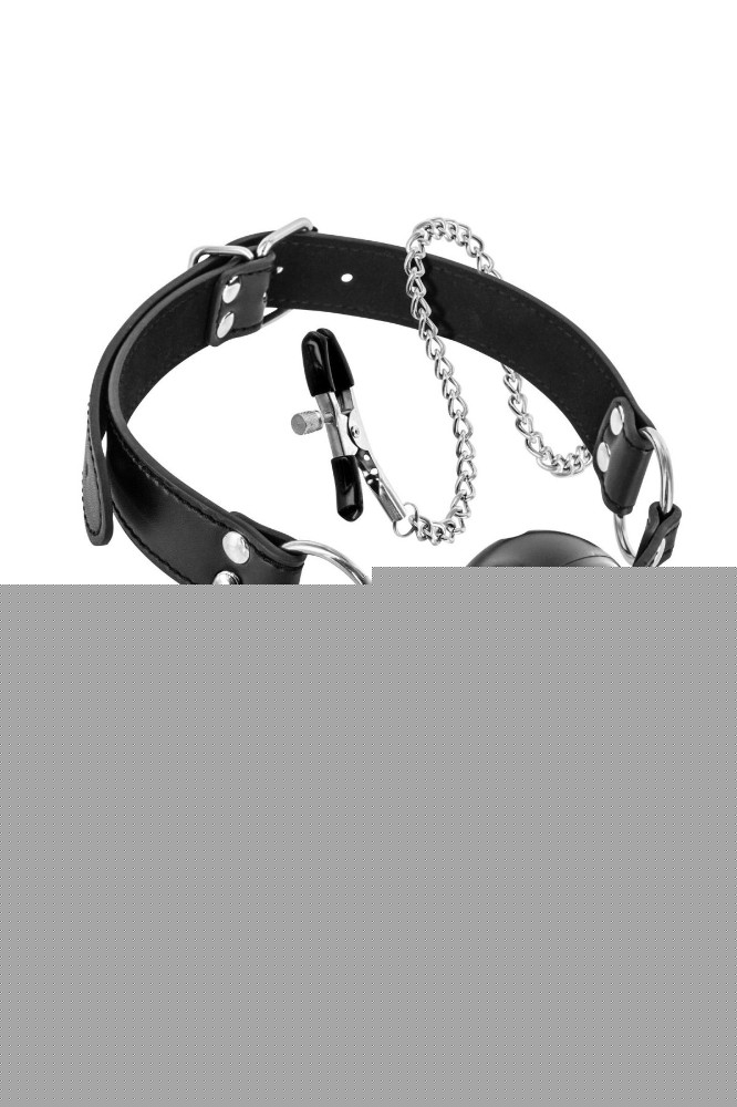Повітропроникний кляп із затискачами для сосків Fetish Tentation Rigid Gag Ball with Nipple Clamps - зображення 1
